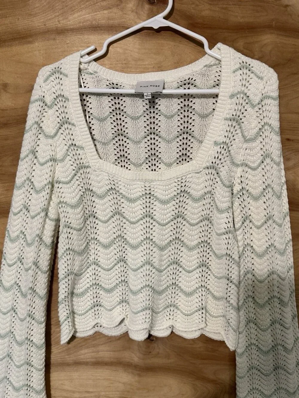 Pink Rose White Cropped Sweater Woman Lg Hippie Boho Fairy Core Open Knit Stripe